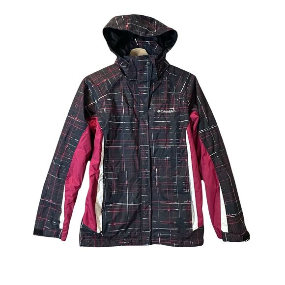 Columbia Black Maroon Plaid Shell Parka Jacket Rain Coat Waterproof S Small - Picture 1 of 13